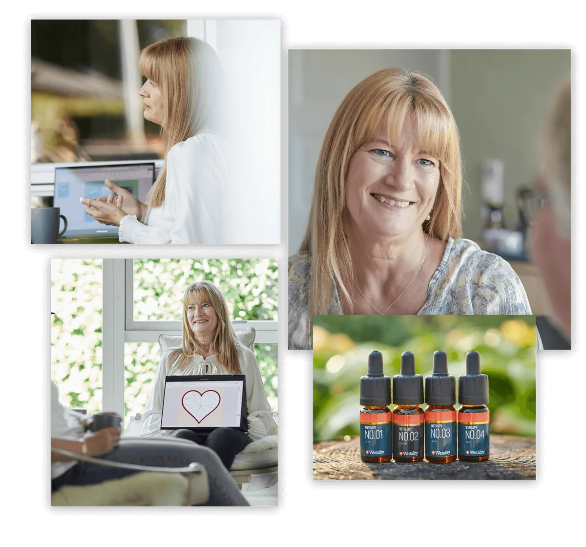 Collage af brandingbilleder: erhvervsportrætter, klientsamtale og produkter