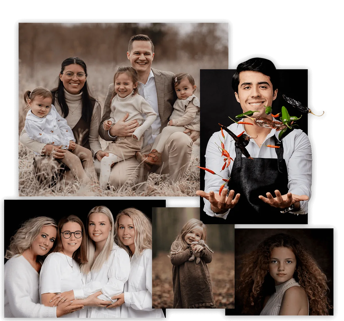 Collage af portrætter: familie, børn, søskende og en kok i studiet