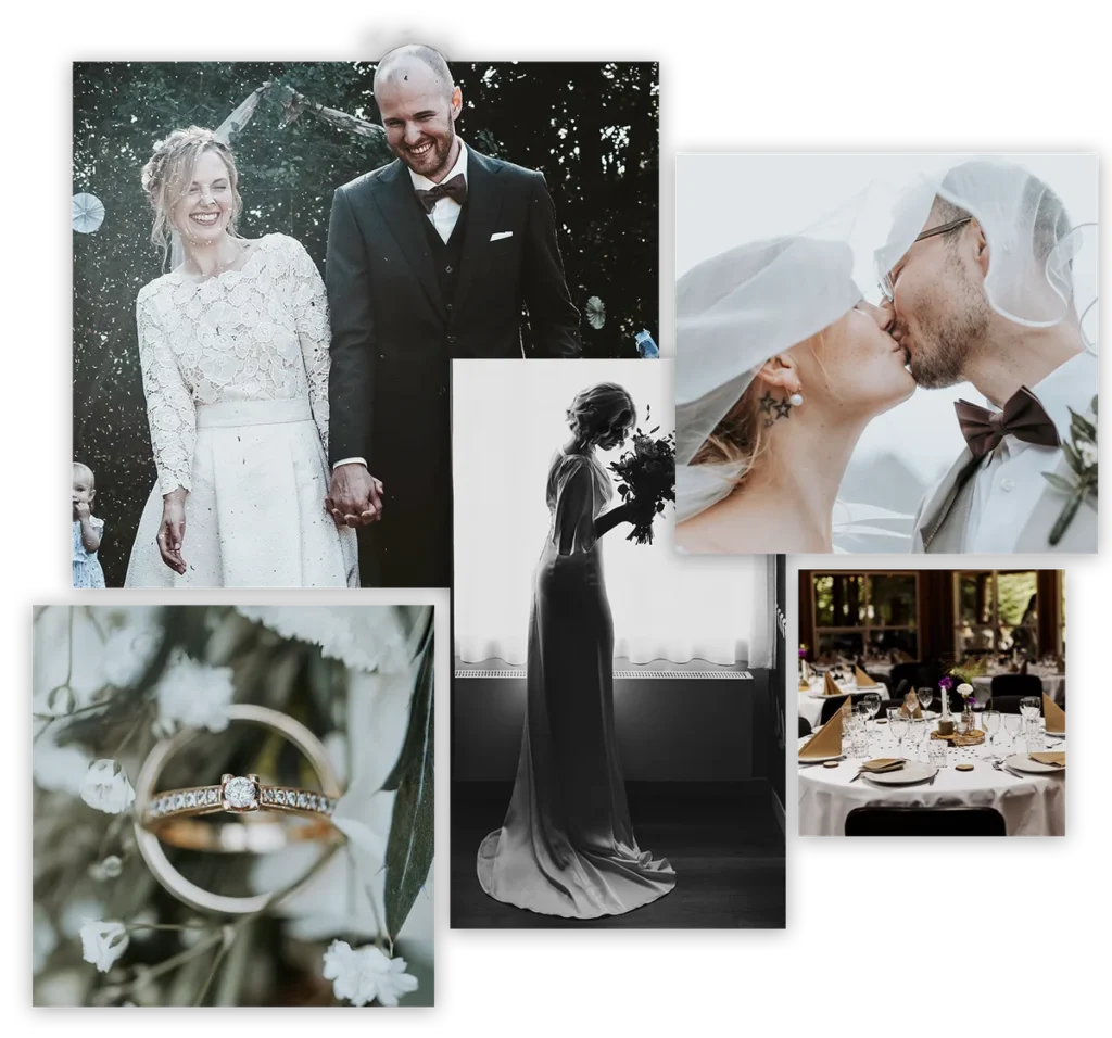 Collage af bryllupsbilleder: brudepar, ringe, brud og festbord